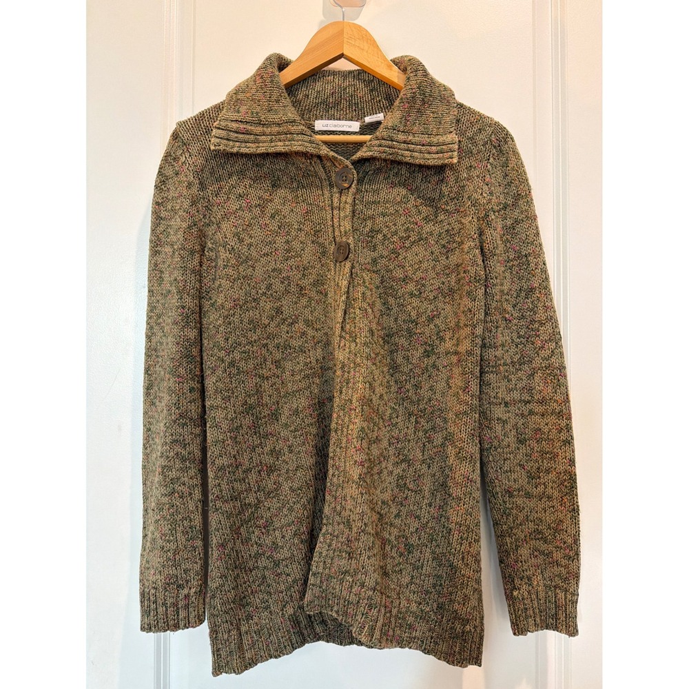 Liz Claiborne Womens Medium Green Marl Knit Button Cardigan Sweater Collared